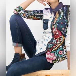 -Desigual Artsy Embroidered Y2K Button Down L/S Shirt Women’s Size Medium